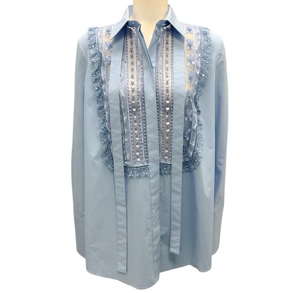Valentino Blue 2022 Pussy-Bow Tailored Long-Sleeved Shirt - Picture 1 of 5